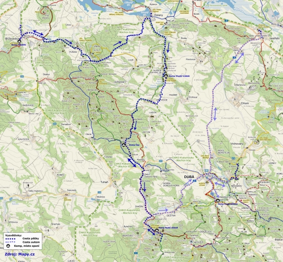 Mapa týdenního vandru v Roverkách v roce 1994.